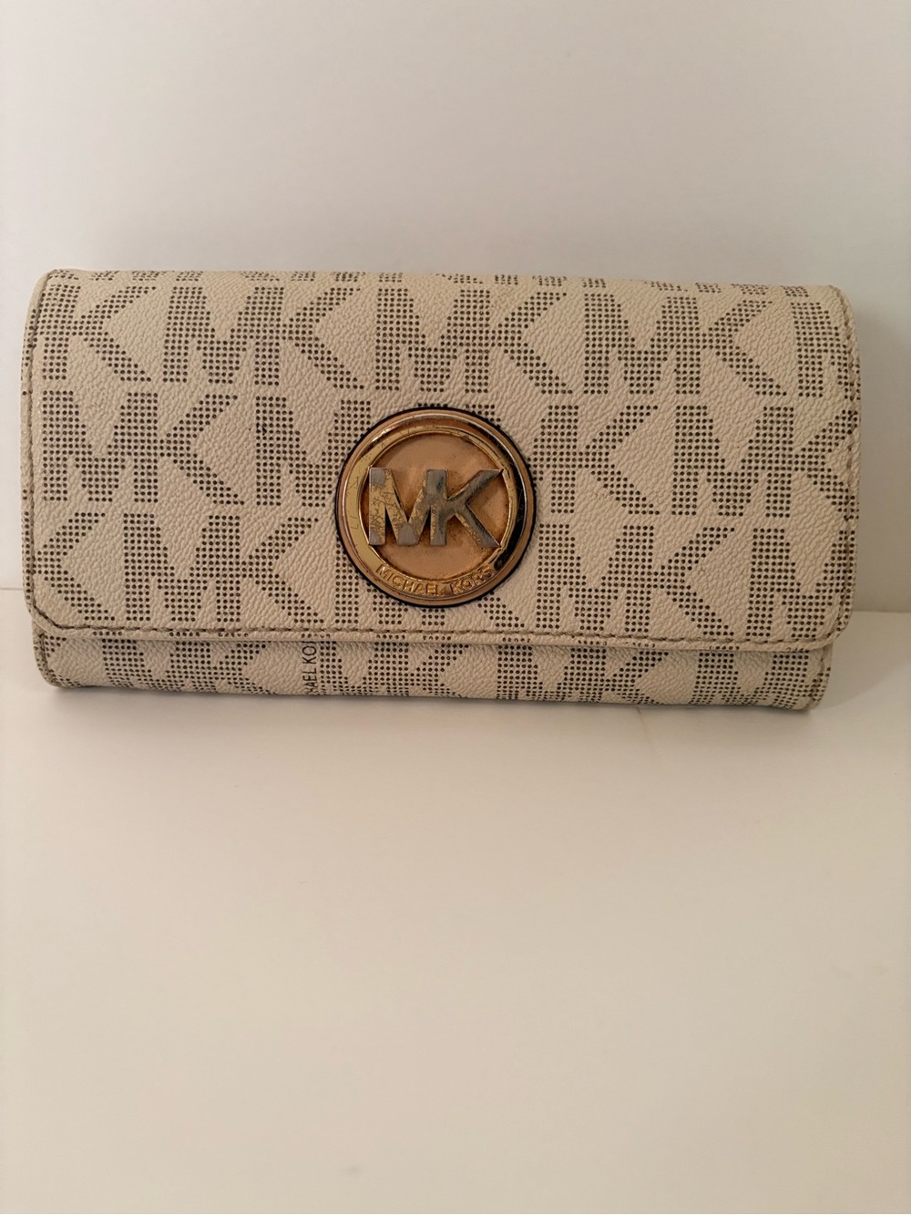 Michael Kors Cream Logo Continental Wallet with Gold MK Medallion